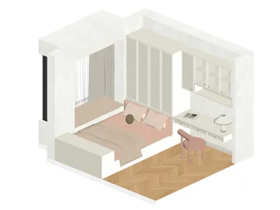 Modern minimalist bedroom with a bed, desk, and built-in storage cabinets.