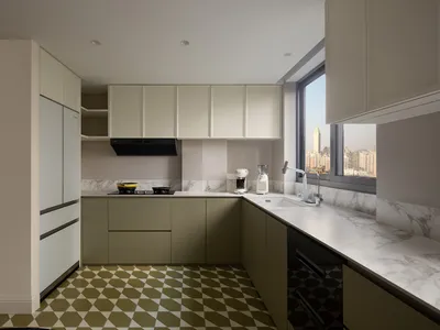 Modern kitchen with marble countertops, stainless steel appliances, and a view of the cityscape through the window.