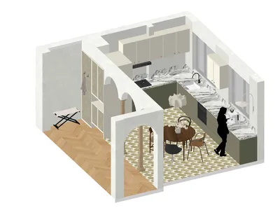 A detailed floor plan of a modern kitchen featuring marble countertops and archways.
