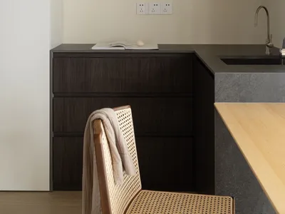 Minimalist kitchen featuring modern minimalism styled with dark wood cabinets and a concrete countertop.