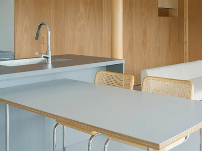 A modern kitchen featuring wooden panels and stainless steel fixtures.