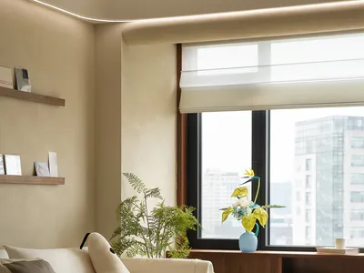 A modern minimalist living room with a white sofa, green plants, and a large window.