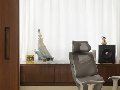A minimalist home office with modern furniture, wooden accents, and glass surfaces.