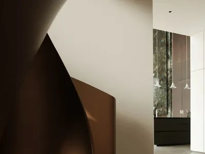 現代廚房室內空間，配有大理石檯面與背板。