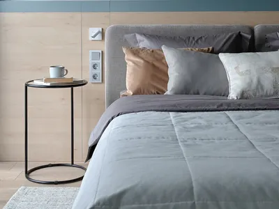 Modern minimalist bedroom with a gray headboard bed, wooden nightstand, and ceiling lighting