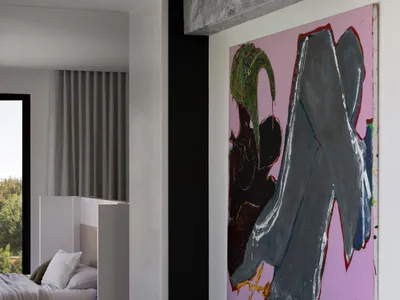Modern bedroom featuring a concrete platform with a contemporary abstract painting hanging above it.