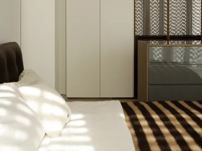 Well-organized minimalist bedroom with textured neutral-colored walls, white bedding, and brown and white striped rug.
