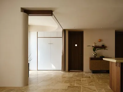 簡約住宅廚房，搭配木質飾面與現代設計。