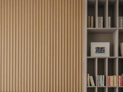 A modern minimalist bedroom featuring a bed with a wooden headboard, a wooden nightstand, and a large bookshelf filled with b