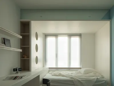 A minimalist bedroom with neutral colors featuring a bed, shelves, and a window with blinds.