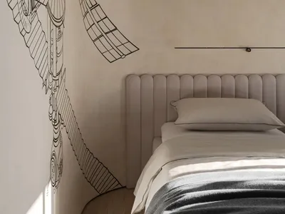 A minimalist bedroom with a smooth, fabric-textured bed and a large, intricate wall mural depicting a space station.