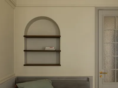 A minimalist bedroom with a bed, pillows, and a shelf.