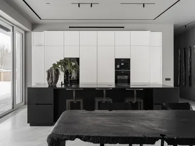Modern minimalist kitchen interior with black stone countertops, white walls, and black appliances.