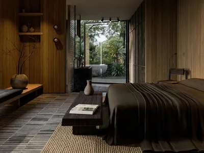 A modern minimalist bedroom with wooden floors, a bed, and a view of an open space with greenery.