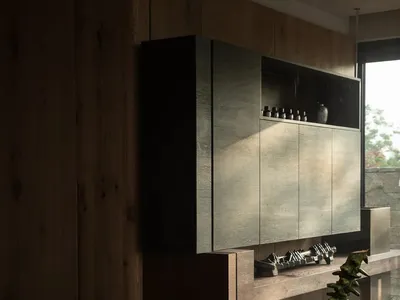A modern kitchen with wooden cabinets and a wooden dining table.