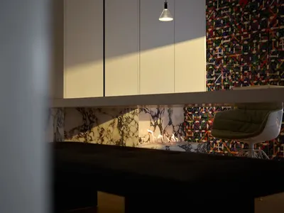 A modern restaurant bar featuring marble accents.