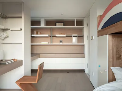 Modern minimalist bedroom featuring wooden furniture and white accents.