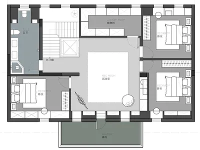 現代臥室佈局採用中性色調，中央留有開闊空間。