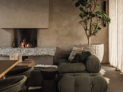 A modern living room with a concrete fireplace, green armchairs, and a large indoor plant.