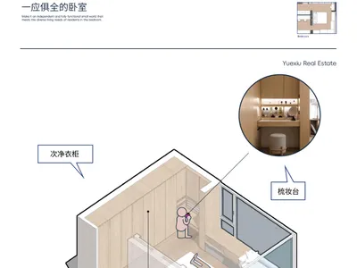 極簡臥室的等角渲染圖，採用木質材料，包含床鋪、衣櫃及梳妝區。