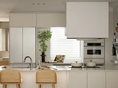 Modern kitchen featuring minimalist white cabinets, stainless steel appliances, and a white marble countertop with a potted p