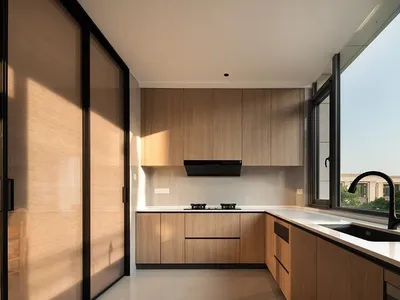 Modern kitchen featuring wooden cabinets and a glass window.