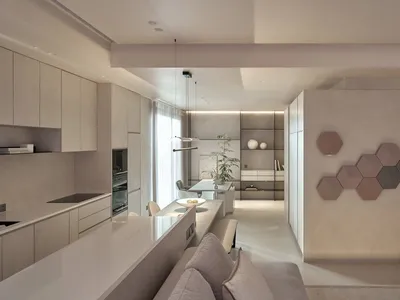Modern living, dining, and kitchen space with concrete cabinets, minimalist design, and open layout