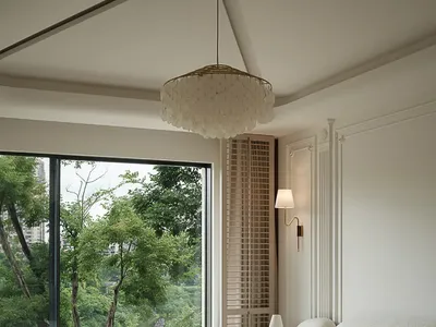 A minimalist bedroom featuring a white bed frame, ambient lighting, and a large window overlooking greenery.