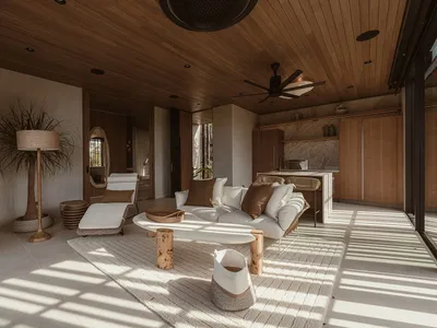 Modern minimalist living room with natural wood furniture and flooring, white walls, and a white rug.
