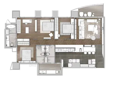 Minimalist design living room and kitchen featuring wooden floors, tiled countertops, and modern furniture.