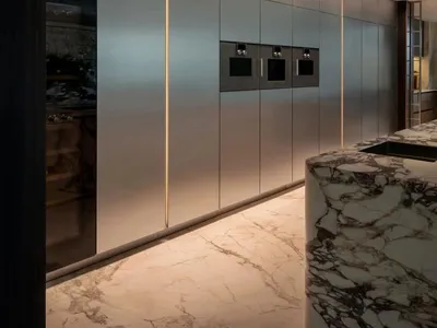 Modern kitchen featuring metallic acrylic cabinets and appliances.