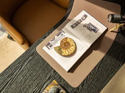 A modern, minimalist home office desk made of wood with a leather chair, a book, and a decorative ammonite化石放在上面，背景墙是纹理材质。