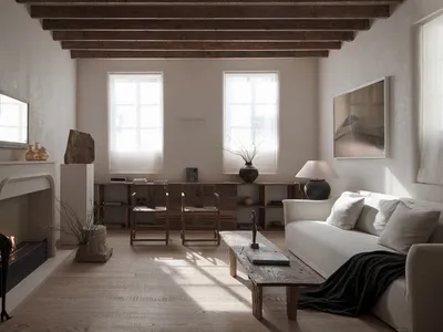 Modern Scandinavian living room with minimalist furniture, wooden floors, and natural light.