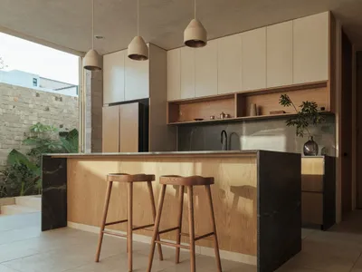 Contemporary residential kitchen featuring minimalist design with wood and marble materials.