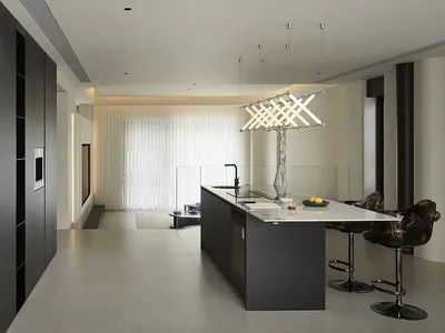 A modern minimalist kitchen featuring concrete and glass materials.