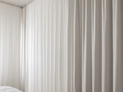 A minimalist bedroom featuring white curtains made of textured canvas material, creating a serene and elegant atmosphere.
