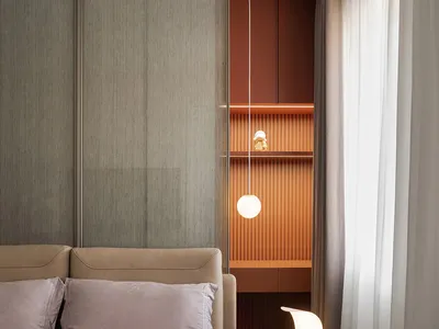 Bedroom with minimalist decor featuring fabric bedding, wooden furniture, and metal accents.