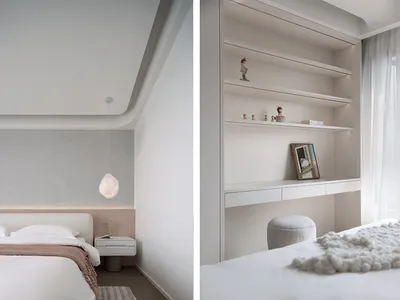 A minimalist bedroom with neutral colors and simple furnishings.