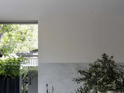 A contemporary kitchen with marble countertops and white cabinets, featuring a sleek sink and a large potted plant.