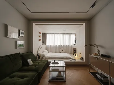 A bedroom with modern design featuring neutral tones and a built-in bed area.