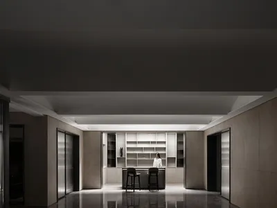 一處現代廚房空間，採用極簡設計，包含混凝土牆面與地板，以及俐落實用的