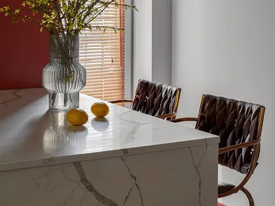 Modern kitchen with a marble countertop, a vase of yellow flowers, and two lemons.