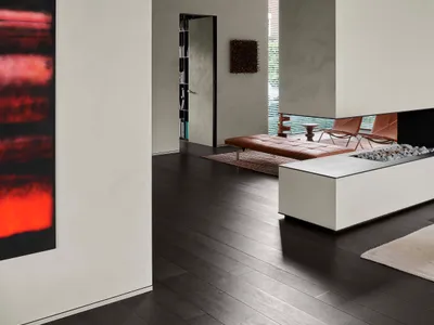 Minimalist living room with concrete fireplace and dark wood flooring