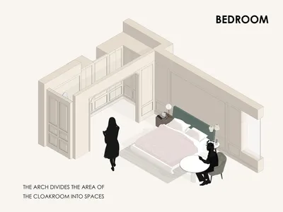 A minimalist bedroom with a bed, table, and silhouette figure in a rendered image.