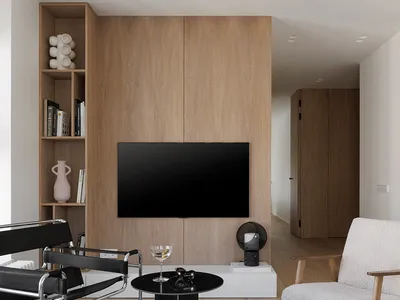 A modern industrial living room featuring wood elements and minimalist design.