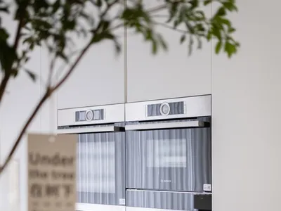 現代極簡廚房，配有金屬白櫥櫃、Bosch 烤箱及綠植。
