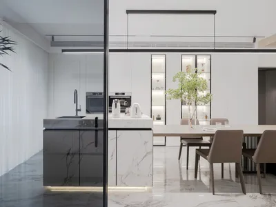 Modern residential kitchen featuring marble countertops and glass cabinets.