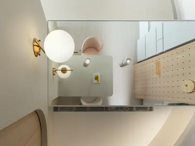 A modern home office setup featuring wooden details, including a desk, chair, and storage unit.