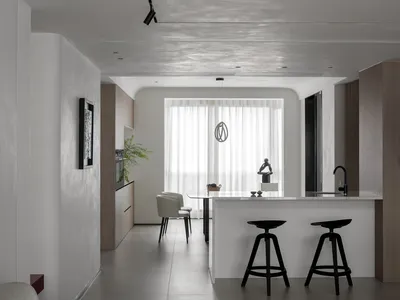 現代廚房與客廳採用黑白配色，搭配混凝土與拋光石材表面，並呈現開放式設計。