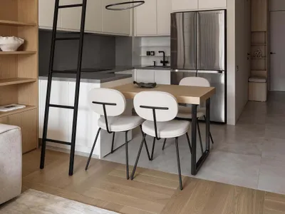 Modern minimalist kitchen featuring wooden cabinets, stainless steel appliances, and glass pendant lights.